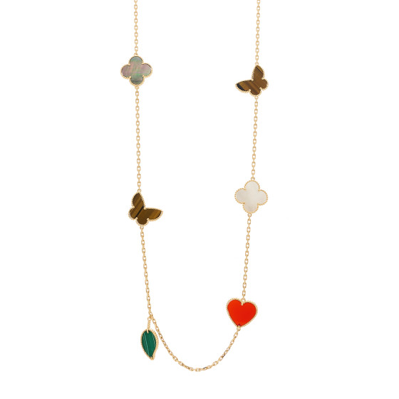 18K Yellow Gold Mother of Pearl Malachite Carnelian Tiger Eye 12 Motif Lucky Alhambra Necklace