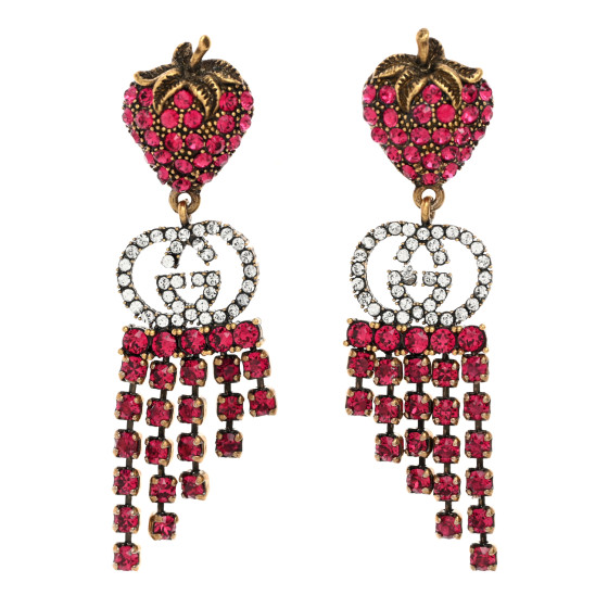 Metal Crystal Interlocking G Strawberry Drop Earrings Red