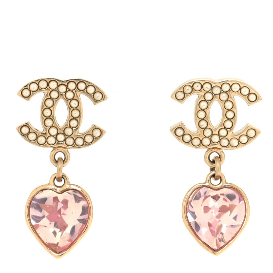 Crystal Pearl Heart CC Drop Earrings Pink Gold