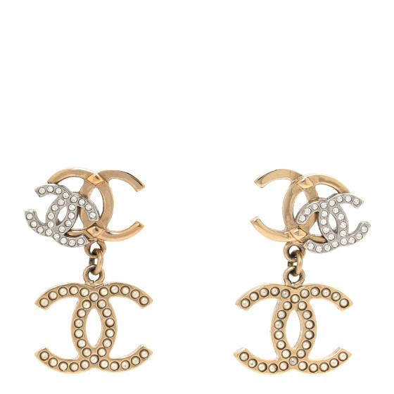 Crystal Pearl Double CC Drop Earrings Gold Silver
