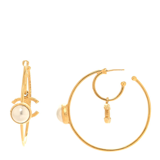 Pearl CC Tags Hoop Earrings Gold