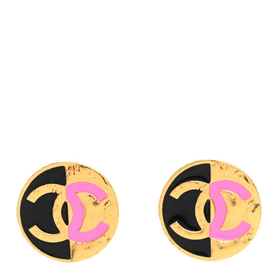 Metal Enamel CC Round Earrings Gold Pink Black