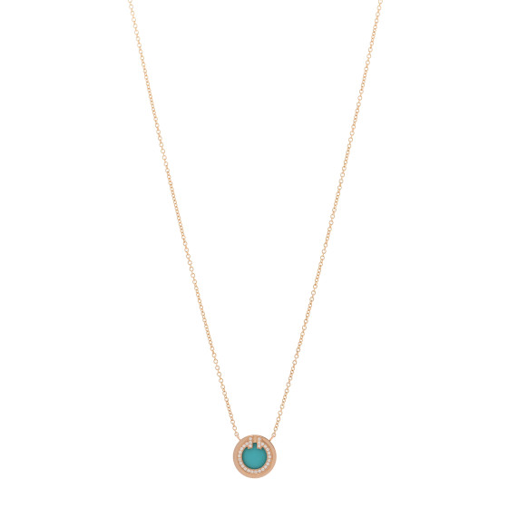 18K Rose Gold Diamond Turquoise Small T Circle Pendant Necklace
