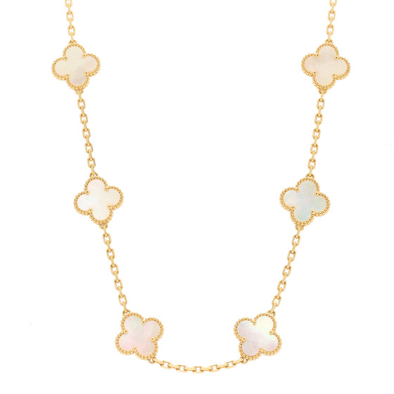 18K Yellow Gold Mother of Pearl 10 Motifs Vintage Alhambra Necklace