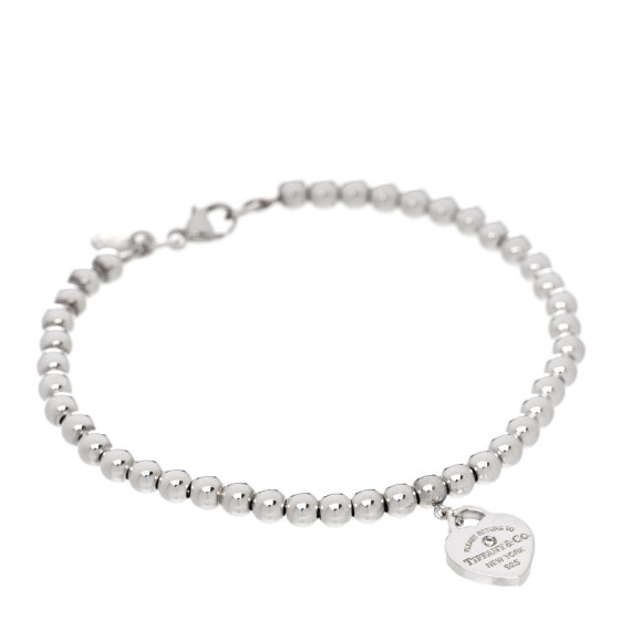 Sterling Silver Enamel Diamond 4mm Return to Tiffany Heart Tag Bead Bracelet Blue