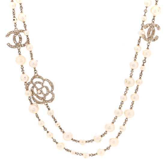 Pearl Crystal Camellia CC Long Necklace Gold