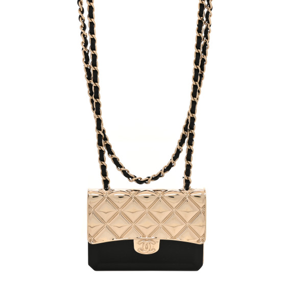 Metal Resin Lambskin Flap Bag Long Necklace Gold Black