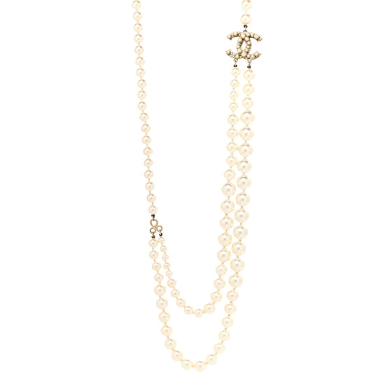Graduated Pearl Studded CC Long Necklace Gold