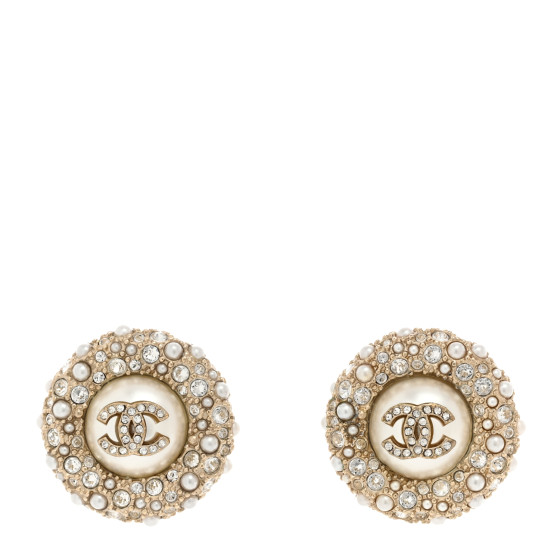 Pearl Crystal CC Round Earrings Light Gold