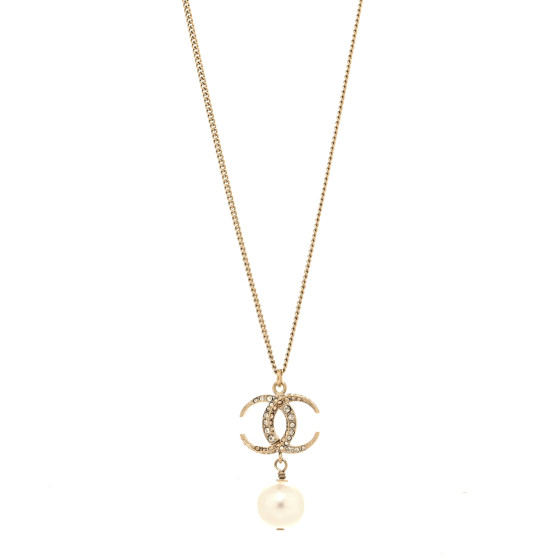 Pearl Crystal CC Drop Necklace Gold