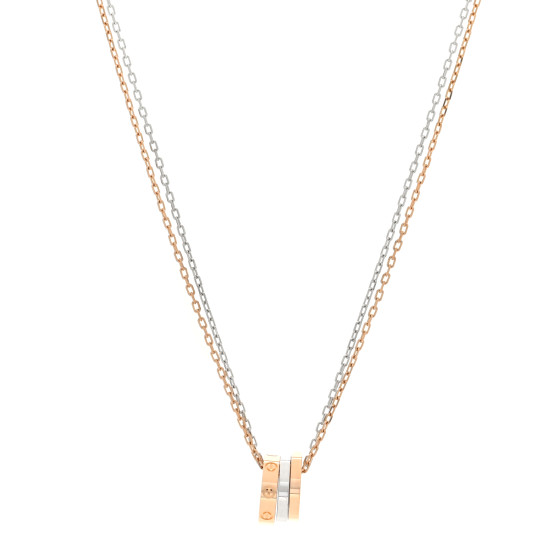 18K White Pink Gold Diamond Three Ring LOVE Necklace