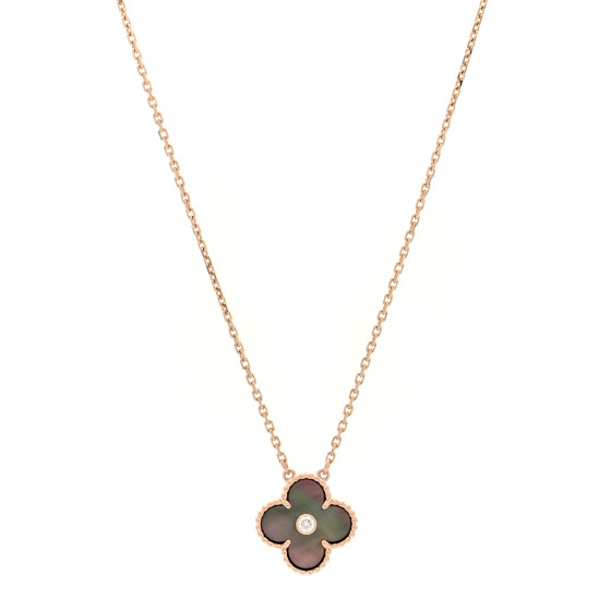 18K Rose Gold Diamond Grey Mother of Pearl Vintage Alhambra Pendant Necklace