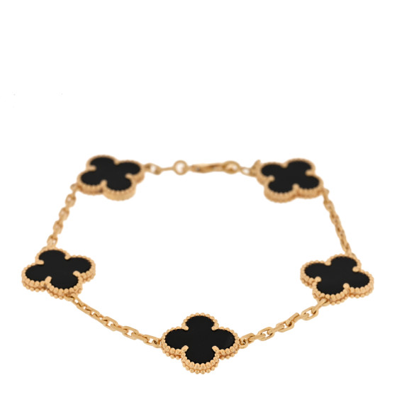 18K Yellow Gold Black Onyx 5 Motifs Vintage Alhambra Bracelet
