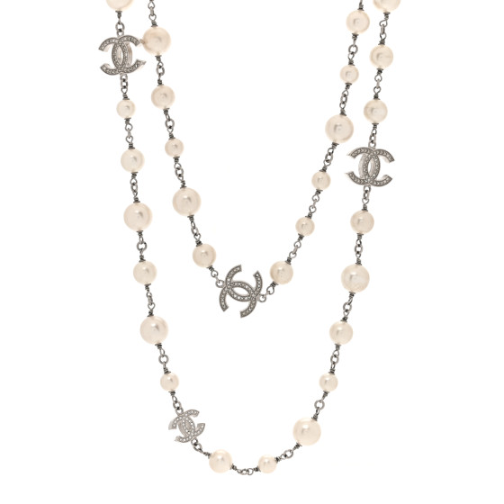 Graduated Pearl Crystal CC Long Necklace Silver
