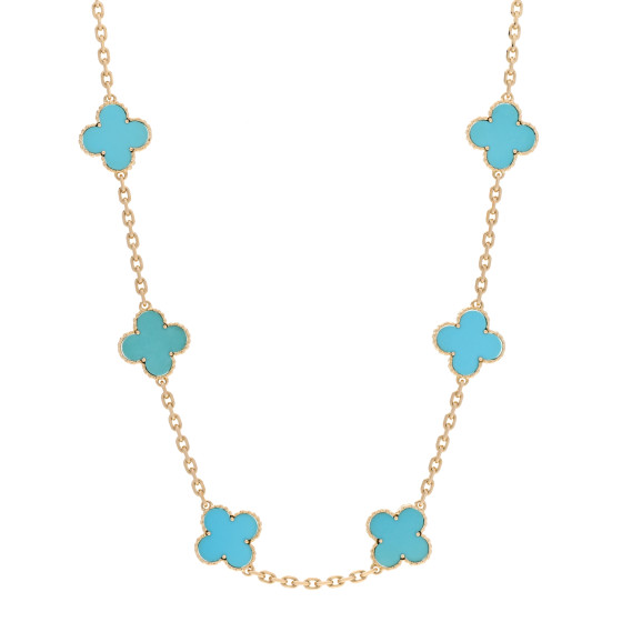 18K Yellow Gold Turquoise 10 Motifs Vintage Alhambra Necklace