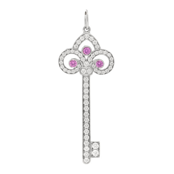 Platinum Diamond Pink Sapphire Fleur De Lis Key Pendant Necklace