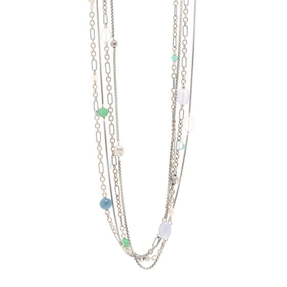 Sterling Silver Quartz Blue Topaz Pearl Chalcedony Aquamarine Multi Strand Necklace