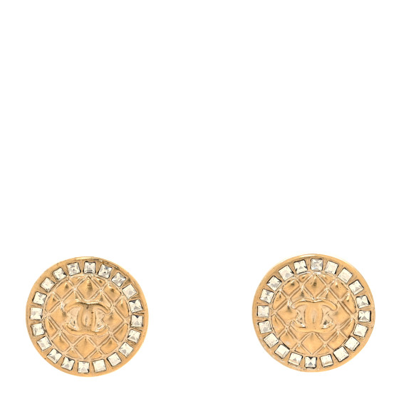 Metal Quilted Crystal CC Round Earrings Gold