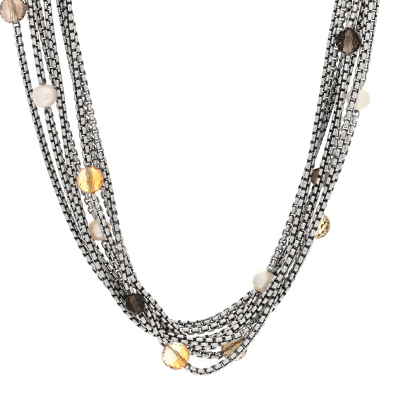 Sterling Silver 18K Yellow Gold Pearl Citrine Smokey Quartz Multi Strand Necklace