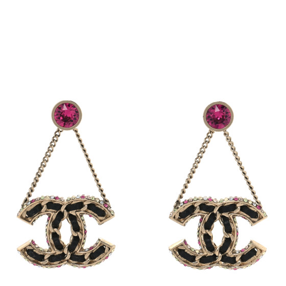 Metal Lambskin Crystal CC Chain Drop Earrings Black Gold Pink Multicolor