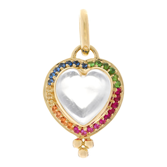 18K Yellow Gold Rock Crystal Ruby Sapphire Tsavorite Heart Pendant