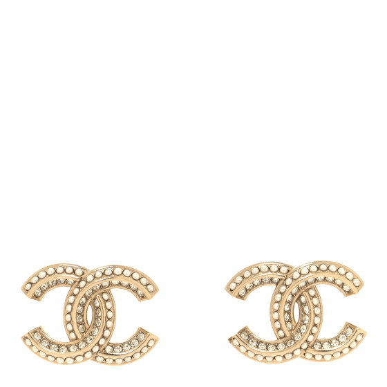 Crystal Pearl Chain Mania CC Earrings Gold