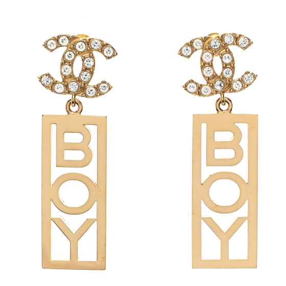 Metal Crystal CC Boy Drop Earrings Gold