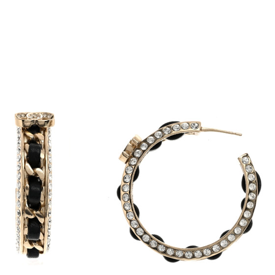 Crystal Lambskin CC Chain Hoop Earrings Gold Black