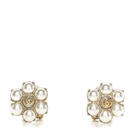 Metal Pearl Double G Clip On Earrings Aged Gold