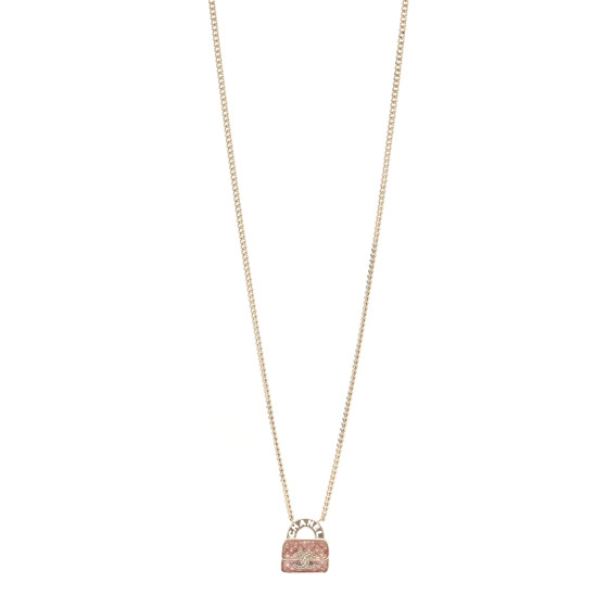 Crystal Resin Quilted Flap Bag Necklace Gold Pink