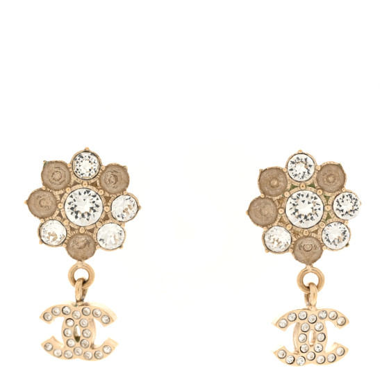 Crystal CC Flower Dangle Earrings Gold Beige