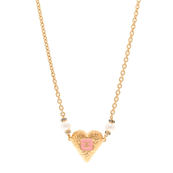 Resin Crystal Pearl Chain Heart CC Pendant Choker Necklace Pink White Gold