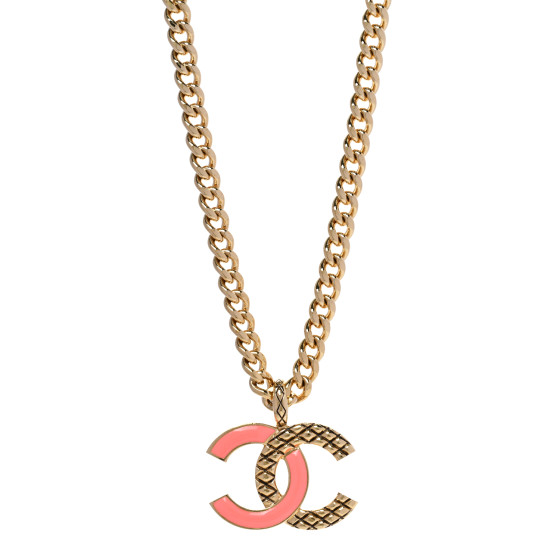 Metal Enamel Quilted CC Chain Necklace Pendant Gold Pink