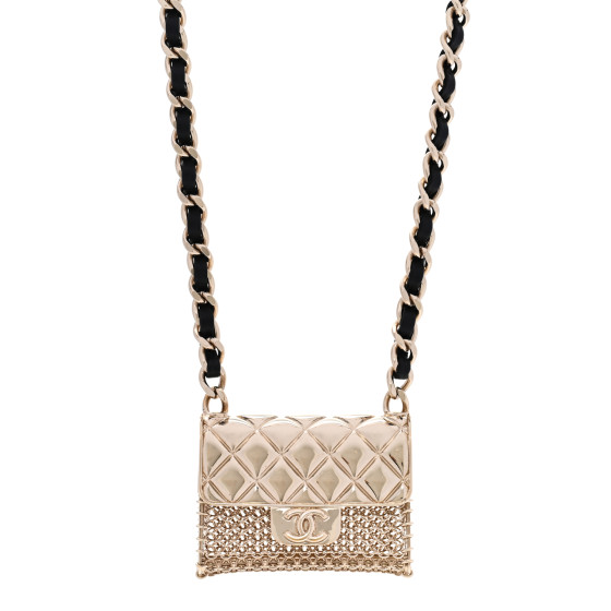 Metal Lambskin Chain Micro Bag Necklace Gold Black