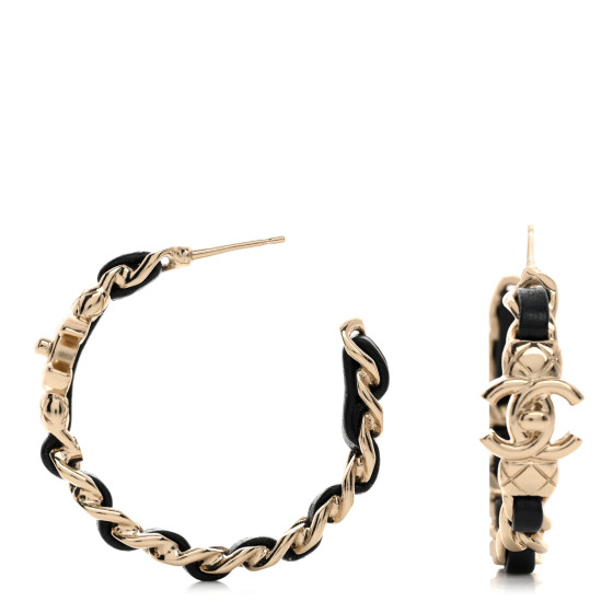 Metal Lambskin Quilted CC Turnlock Chain Hoop Earrings Gold Black