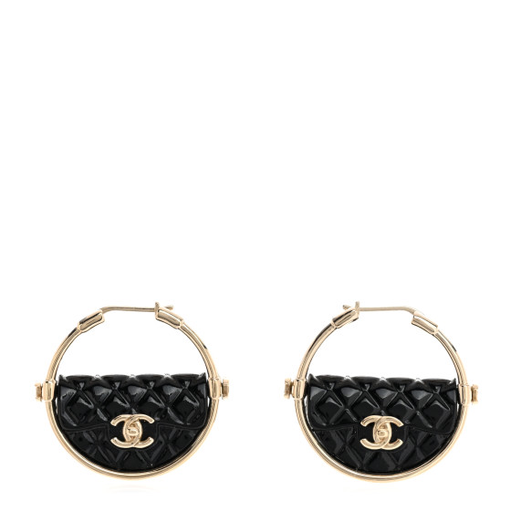 Metal Resin Quilted Flap Bag Hoop Earrings Black Gold