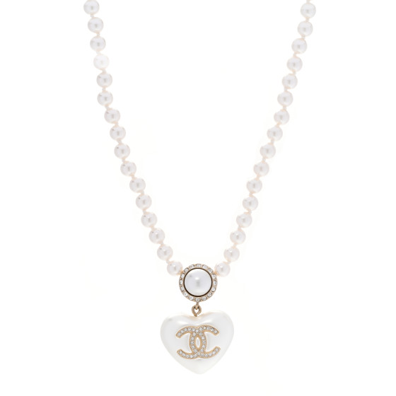 Pearl Crystal CC Heart Short Necklace Pearly White Gold