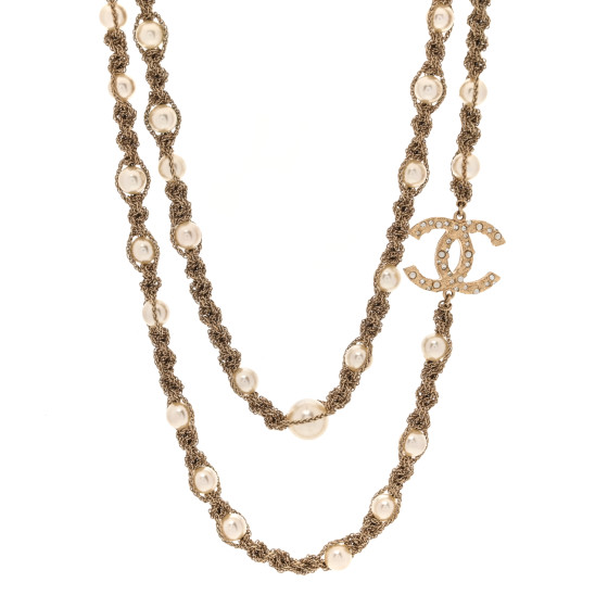 Pearl Multi Chain Braided Crystal CC Long Necklace Gold