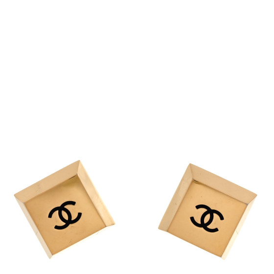 Metal CC Square Clip On Earrings Black Gold