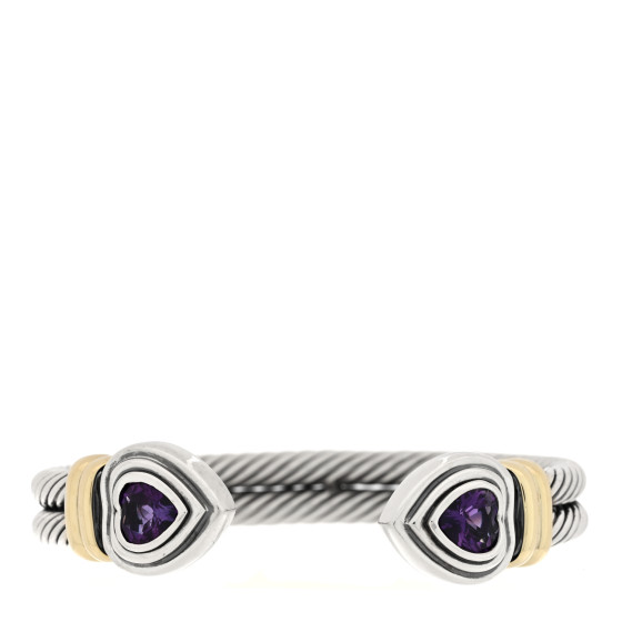 Sterling Silver 14K Yellow Gold Amethyst Heart Double Cable Cuff Bracelet
