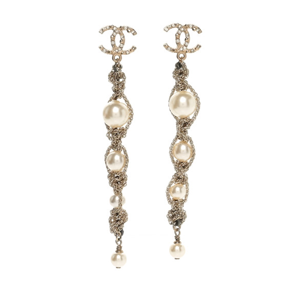 Pearl Crystal CC Chain Drop Earrings Gold
