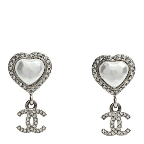 Pearl Crystal CC Heart Drop Earrings Silver