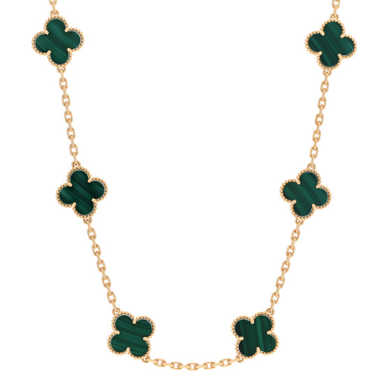 18K Yellow Gold Malachite 10 Motifs Vintage Alhambra Necklace