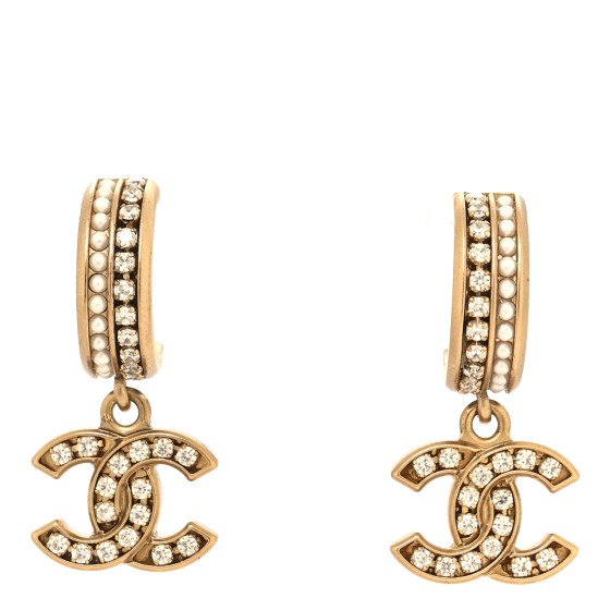 Crystal Pearl CC Hoop Drop Earrings Gold