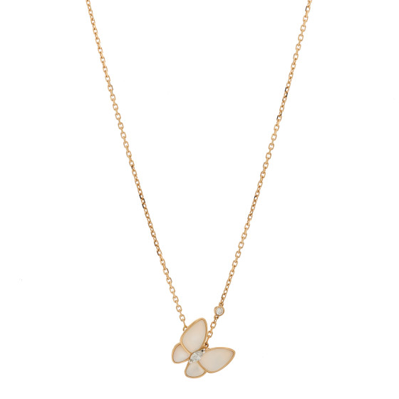 18K Rose Gold Diamond Mother of Pearl Two Butterfly Pendant Necklace