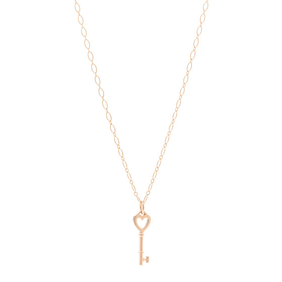 18K Rose Gold Mini Heart Key Pendant Oval Link Necklace