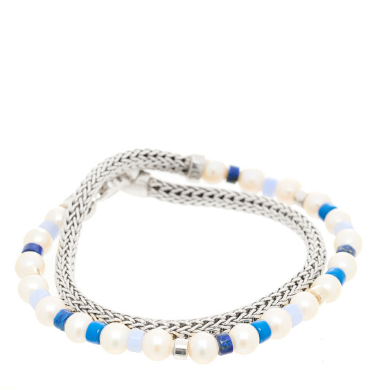 Sterling Silver Pearl Blue Lace Agate Lapis Lazuli Wrap Bracelet
