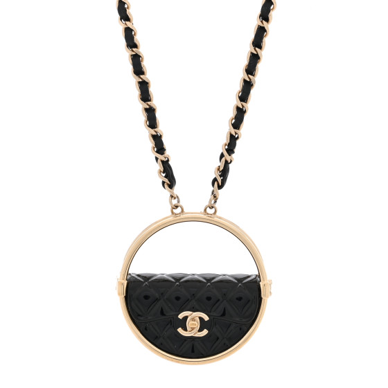 Metal Resin Quilted Flap Bag Hoop Mirror Necklace Black Gold