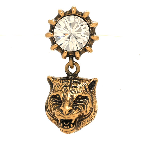 Metal Crystal Feline Head Earring Aged Gold
