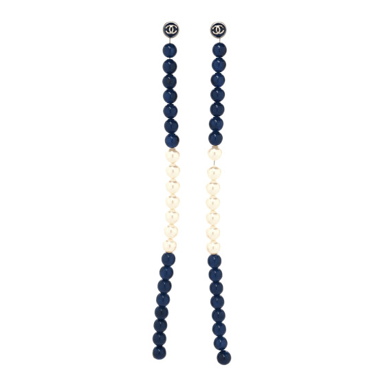 Pearl Bead CC Long Drop Earrings Silver Blue